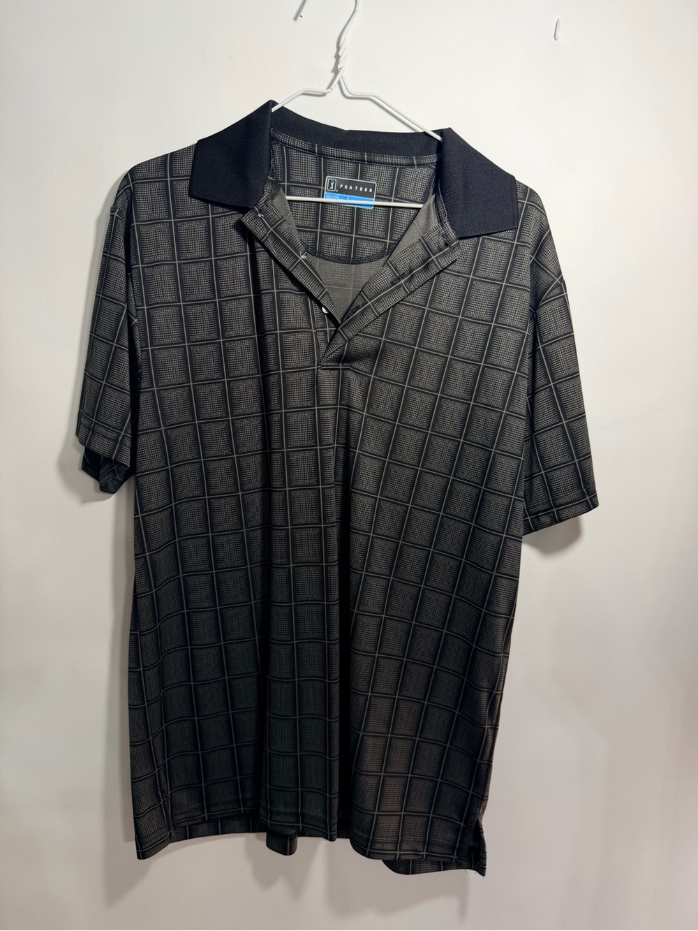 PGA Tour Black Grid Short-Sleeve Polo